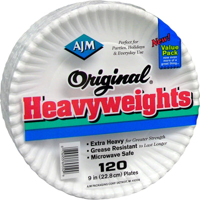 AJM Packaging 9" Original Heavyweight Plates, White, 120 / Pack, AJMOH9AJBXWH