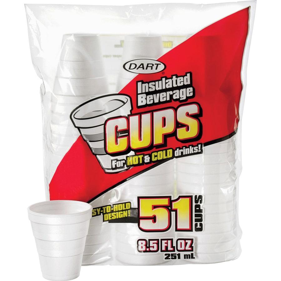 Dart 8.5 oz Insulated Beverage Cups, 10" x 11.8", White, Foam, 8.50 fl oz, Disposable, 51 / Pack, DCC8RP51