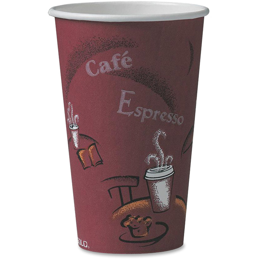 Solo 16 oz Bistro Design Disposable Paper Cups, Maroon, Polyethylene, 16 fl oz, Poly Coated, 20 / Carton, SCC316SI0041CT