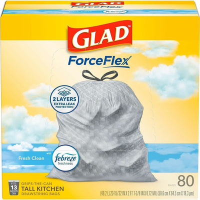The Clorox Glad ForceFlex Tall Kitchen Drawstring Trash Bags, White, 80 / Box, CLO78899