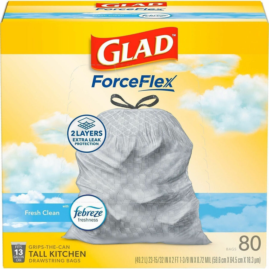 Glad ForceFlex Tall Kitchen Drawstring Trash Bags, White, 13 gal, Odor Resistant, 80 / Box, CLO78899
