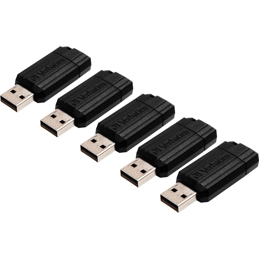 Verbatim PinStripe USB Flash Drives, Black, 5 / Bundle, VER49062BD