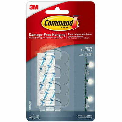 3M Command Round Cord Clips with Clear Strips, 4 / Pack, MMM17017CLRES