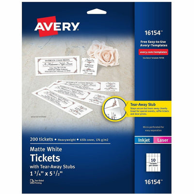 Avery Blank Tickets with Tear-Away Stubs, Matte White, 5 / Carton, AVE16154CT
