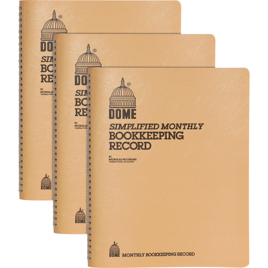 Dome Bookkeeping Record Book, 8.75" Width x 11.25" Length, Lexhide, Wire Bound, 128, Non-refillable, 3 / Bundle, DOM612BD