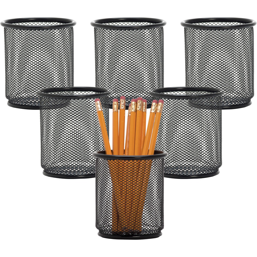 Lorell Mesh Wire Pencil Cup Holders, 3.9" x 3.5", Black, Steel, 6 / Box, LLR84149BX