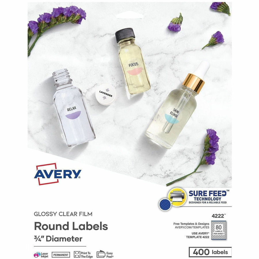 Avery Printable Round Labels, 3/4", Glossy Clear, 400 Labels ), Crystal Clear, 1 Pack — view 1