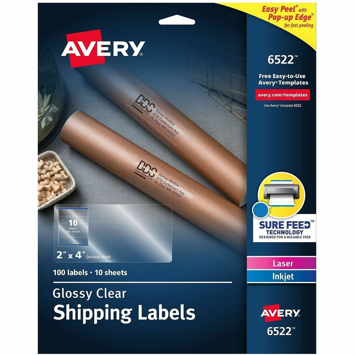 Avery® Shipping Labels, Glossy Clear, 2" x 4" , 100 Labels (6522), 1 Pack