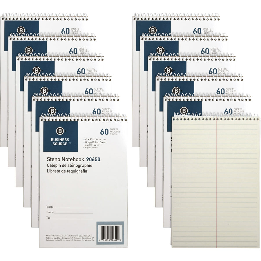 Business Source Steno Notebooks, 6" x 9", Coilock, 60, Sturdy, 12 / Pack, BSN90650PK