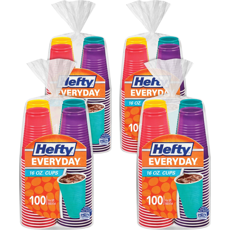 Hefty Everyday 16 oz Disposable Party Cups, Easy Grip, Assorted Bright, Plastic, 16 fl oz, Rolled Rim, 4 / Carton, RFPC21637CT
