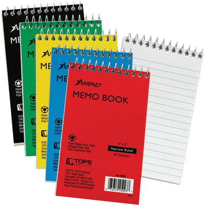 TOPS Ampad Topbound Memo Notebooks, 3" x 5", 5 / Bundle, TOP25093BD