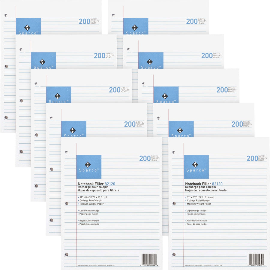 Sparco Notebook Filler Paper - Letter, 8.5" x 11", 16 lb, 200, Subject, 10 / Bundle, SPR82120BD