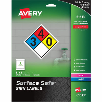 Avery 8"x8" Removable Label Safety Signs, White, 15 / Pack, AVE61513