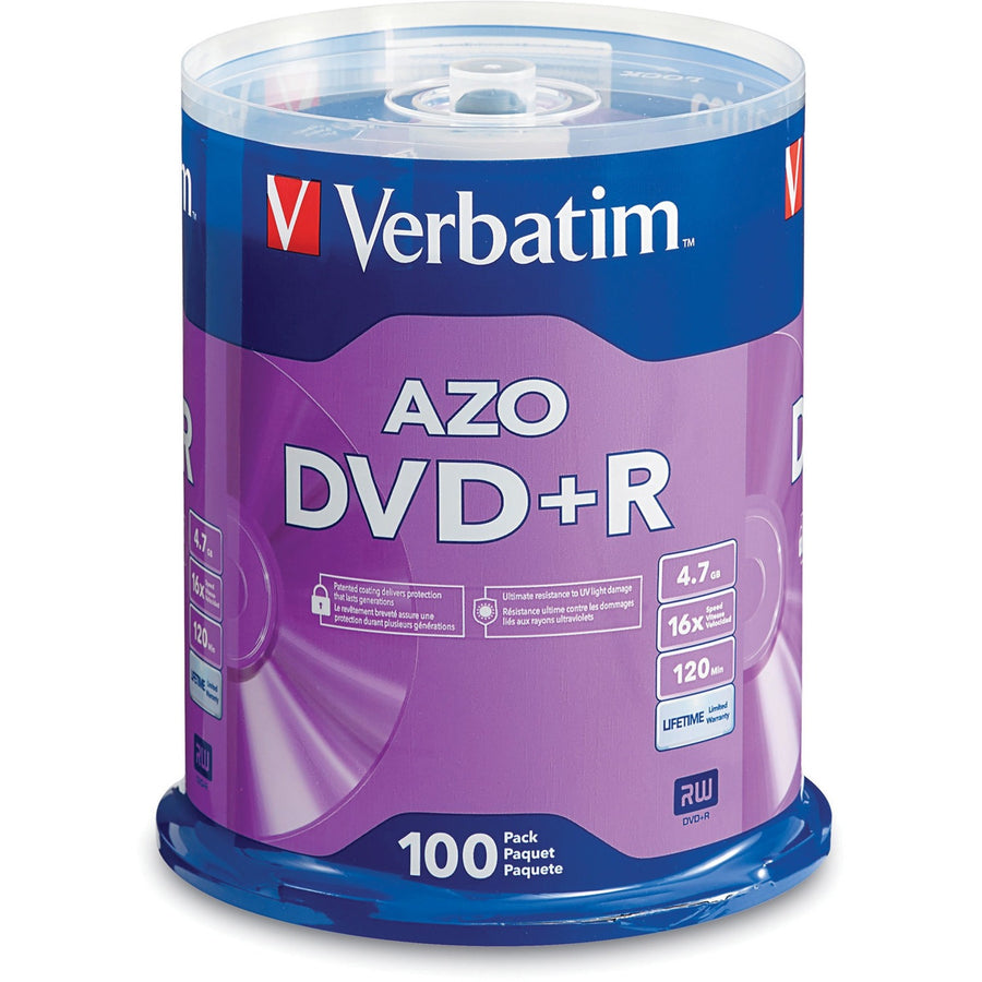 Verbatim AZO DVD+R 4.7GB 16X with Branded Surface - 100pk Spindle, Silver, 100 / Pack, VER95098