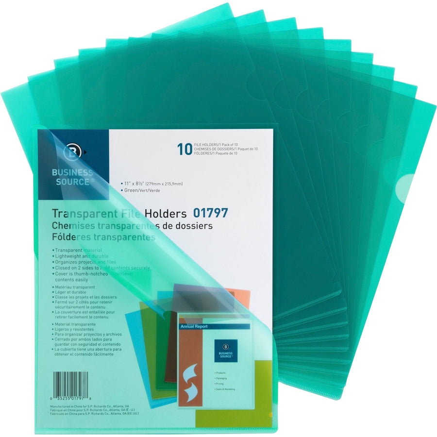 Business Source Letter File Sleeve, Green, 8 1/2" Width x 11" Length, 10 / Pack — view 1