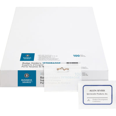 Business Source Pin Style Holder Name Badge Kit, Clear, 100 / Box, BSN19700BADGE