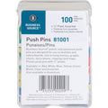 Business Source 1/2" Head Push Pins, Assorted, 100 / Box, BSN81001