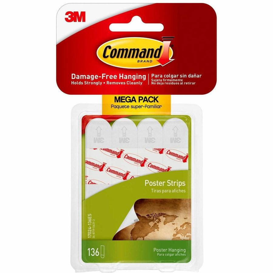 Command Poster Strips, White, 0.63", 1.81", Residue-free, 136 / Pack, MMM17024136ES