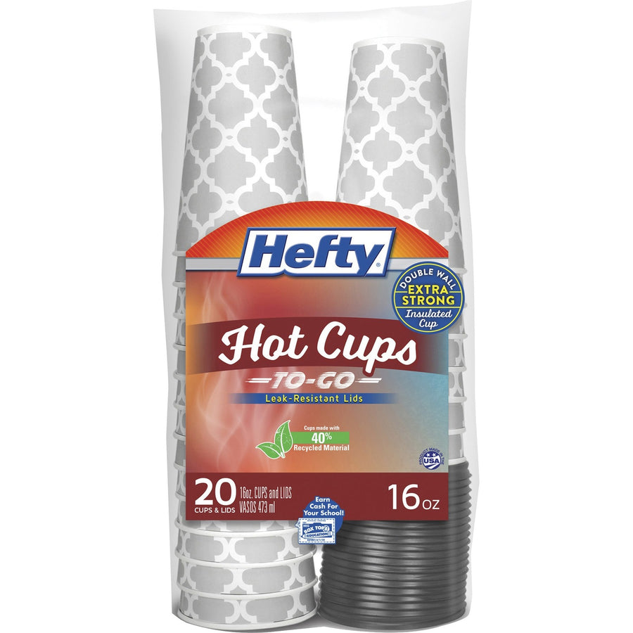 Hefty 16 oz Hot Cups & Lids To-Go, Silver, 16 fl oz, Vented Lid, 20 / Pack, RFPC20016