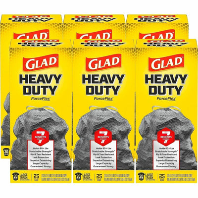 The Clorox Glad ForceFlexPlus Large Drawstring Trash Bags, Black, 6 / Carton, CLO70359CT