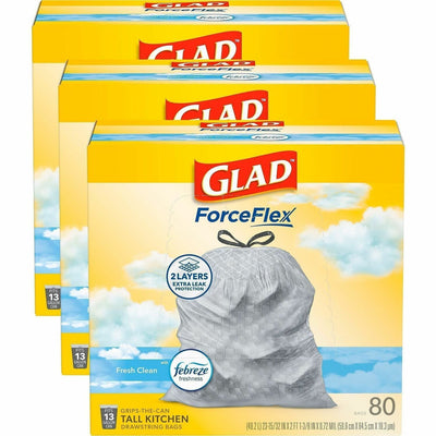 The Clorox Glad ForceFlex Tall Kitchen Drawstring Trash Bags, White, 3 / Carton, CLO78899CT