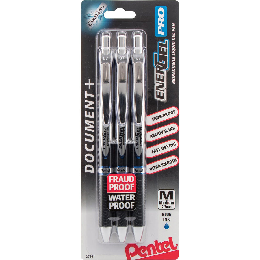 EnerGel PRO Retractable Liquid Gel Ink Pens, Blue, Pocket Clip, 3 / Pack, PENBLP77BP3C