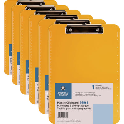 Business Source Flat Clip Clipboard, Neon, Orange, 9" Width x 12" Length, 6 / Bundle — view 1