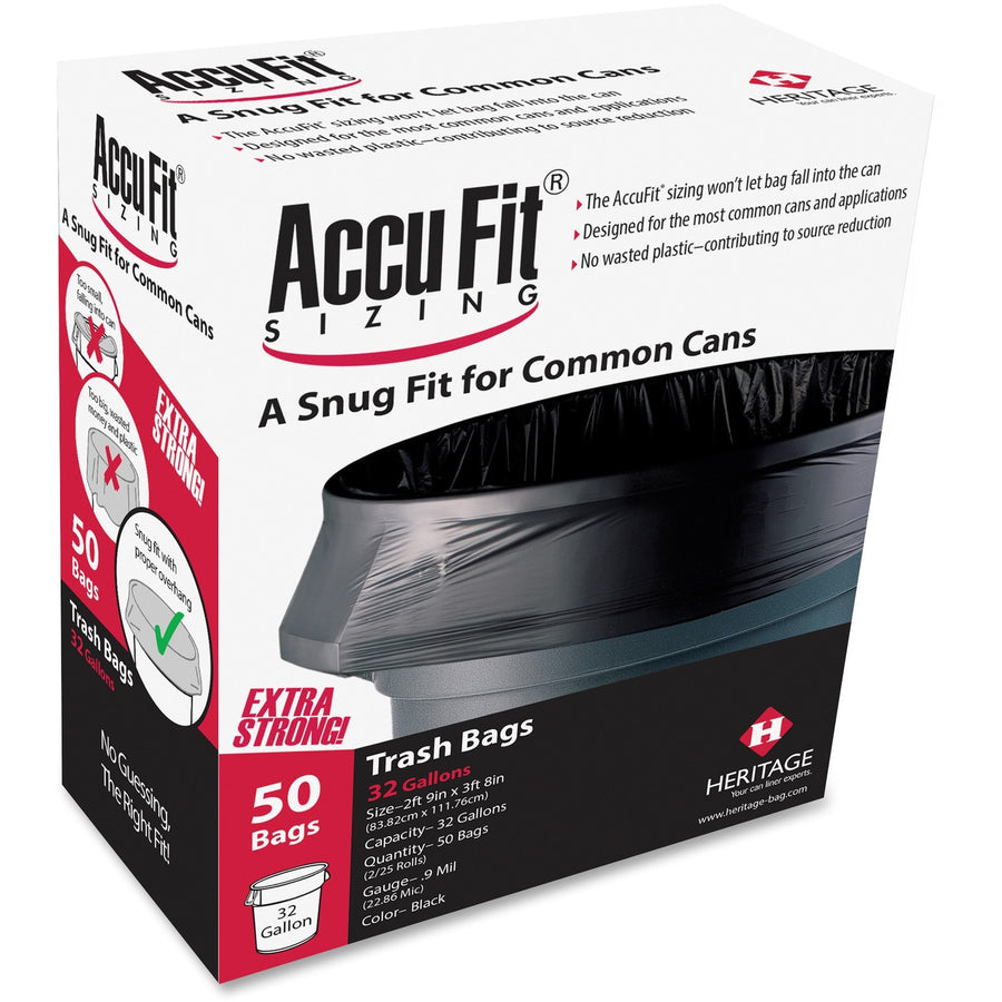 Heritage Accufit Reprime 32 Gallon Can Liners, Black, Puncture Resistant, 6 / Carton, HERH6644TKRC1CT