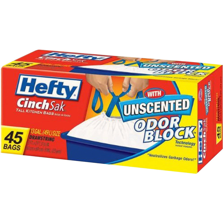 Hefty CinchSak 13-gallon Drawstring Bags, White, Unscented, 6 / Carton, RFPE84572CT