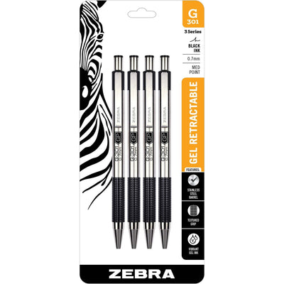 Zebra Pen STEEL 3 Series G-301 Retractable Gel Pen, 4 / Pack, ZEB41314