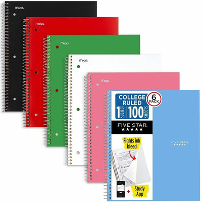 ACCO Mead Five Star Subject Spiral Notebook, 11" x 8 1/2", 6 / Pack, MEA38052
