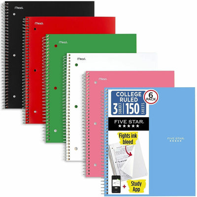 ACCO Mead Five Star Subject Spiral Notebook, 11" x 8 1/2", 6 / Pack, MEA73930