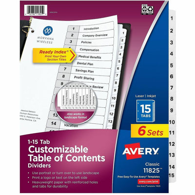 Avery Dividers, 15 Tabs, Ready Index (6 Sets of 11825), White, 1 Pack, AVE11825