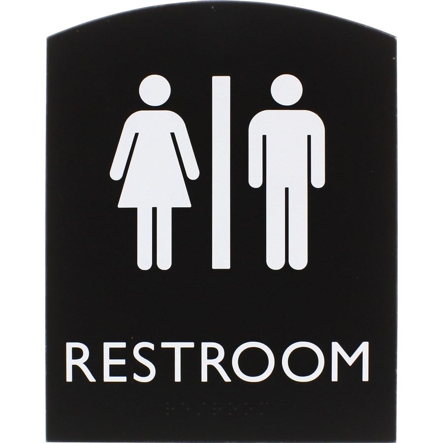 Lorell Arched Unisex Restroom Sign, 6.8" x 8.5", Black, Plastic, 800 mil, Braille, LLR02672