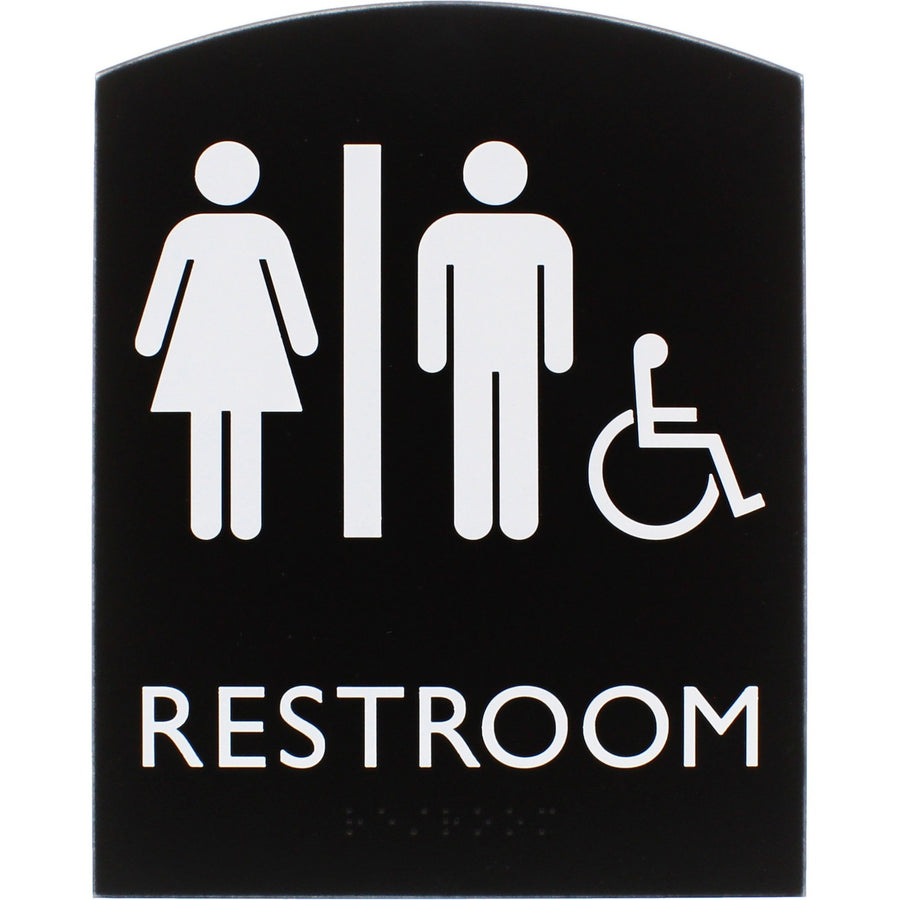 Lorell Arched Unisex Handicap Restroom Sign, 6.8" x 8.5", Black, Plastic, 800 mil, Braille, LLR02673