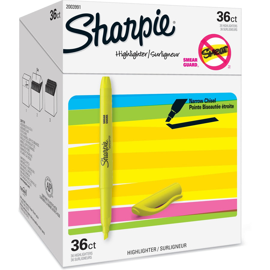 Sharpie Highlighter, Fluorescent Yellow, Smear Proof Ink, 36 / Box, SAN2003991