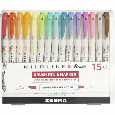 Zebra MILDLINER Dual Ended Brush Pen & Marker Set, 15 / Pack, ZEB79115