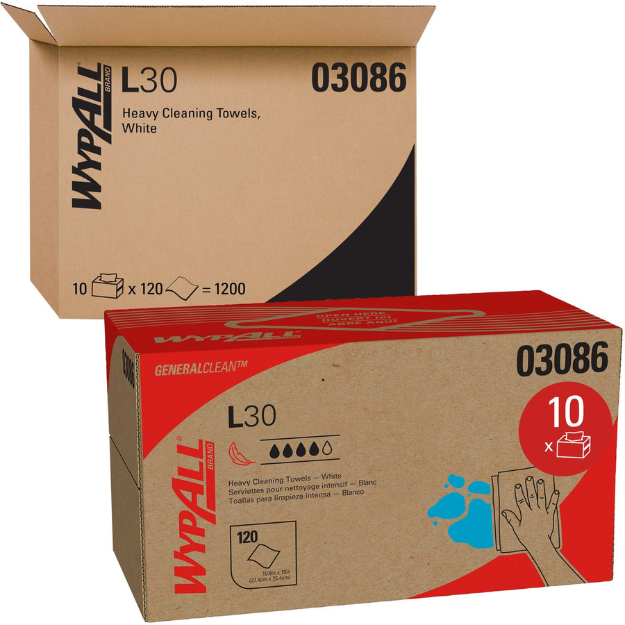Wypall General Clean L30 Heavy Cleaning Towels, White, Latex-Free, 1 Carton, KCC03086
