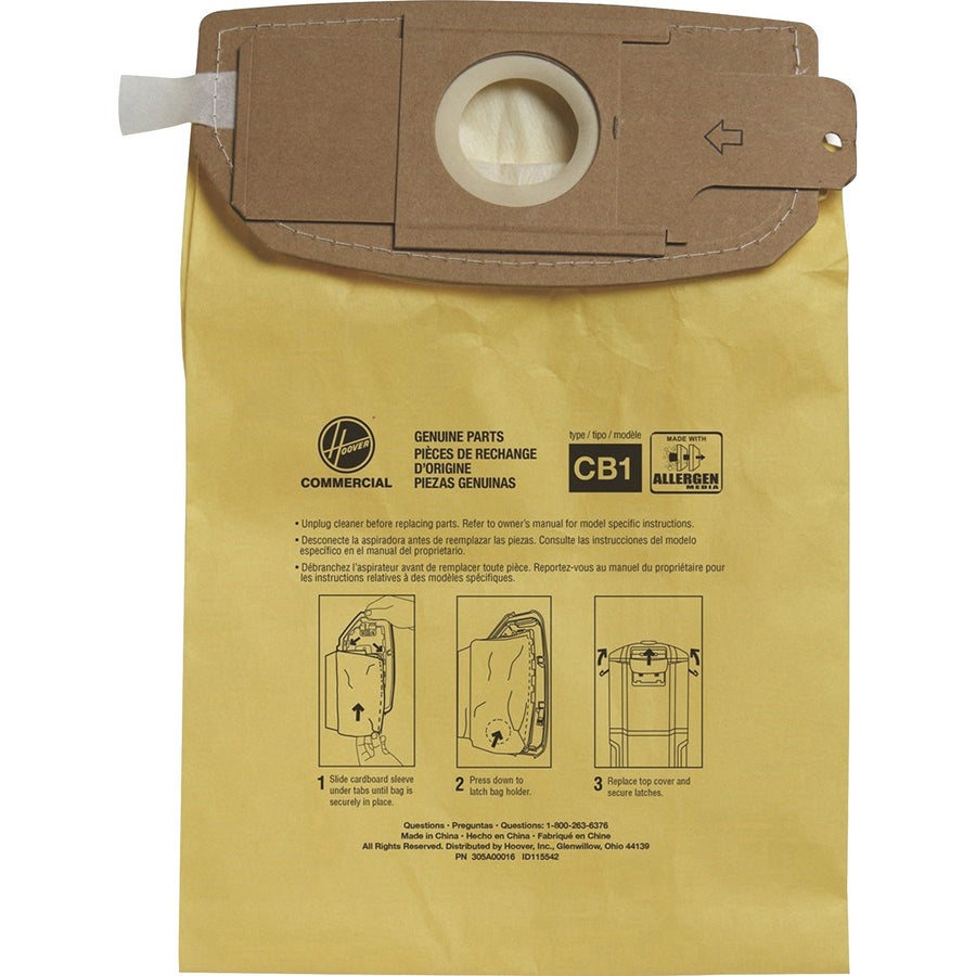 Hoover HushTone 6-Quart Vacuum Bags, 1.9" x 14", Yellow, 1.50 gal, Micro Allergen, 6 / Carton, HVRAH10273CT