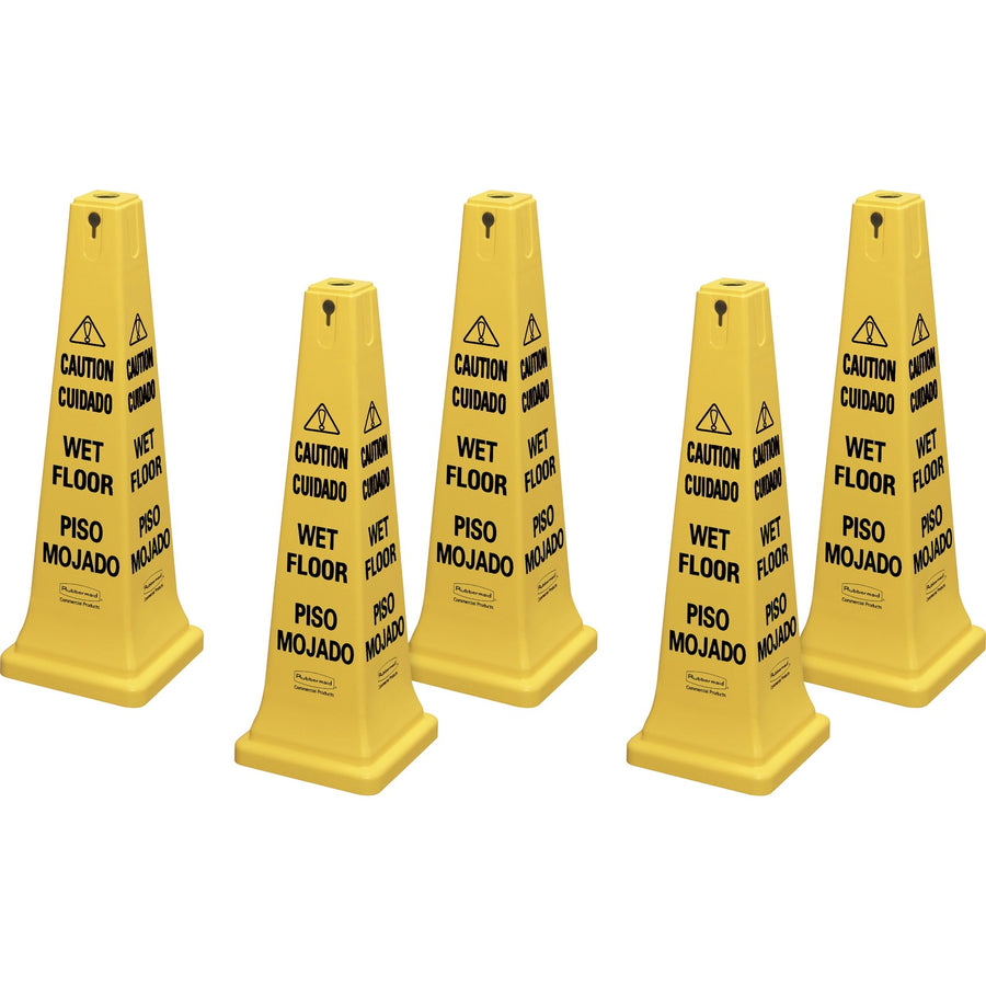 Rubbermaid Commercial 36" Safety Cone, 12.2" x 36", Bright Yellow, Plastic, Sturdy, 5 / Carton, RCP627677CT