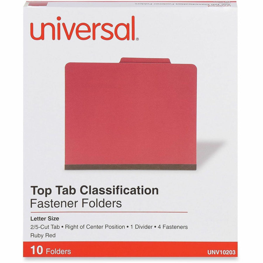 Universal Classification Folder, 8.5" Width x 11" Length, Ruby Red, 2/5, Right of Center, 10 / Box, UNV10203