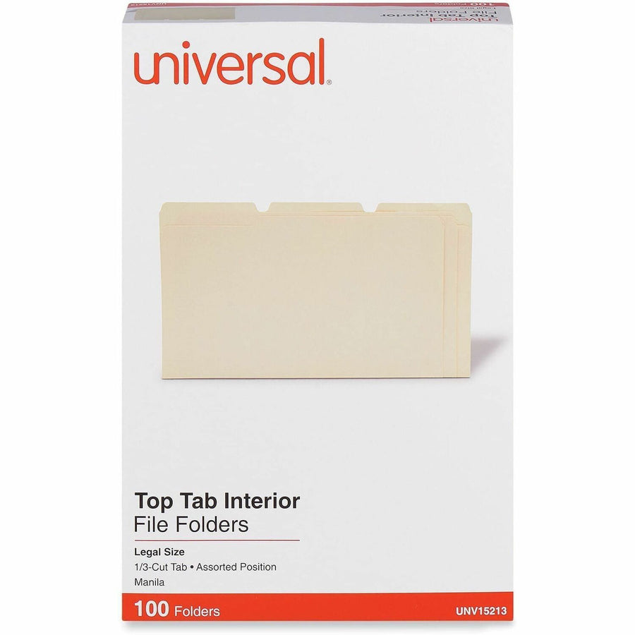 Universal Top Tab File Folder, 8.5" Width x 14" Length, Manila, 1/3, Assorted, 100 / Box, UNV15213