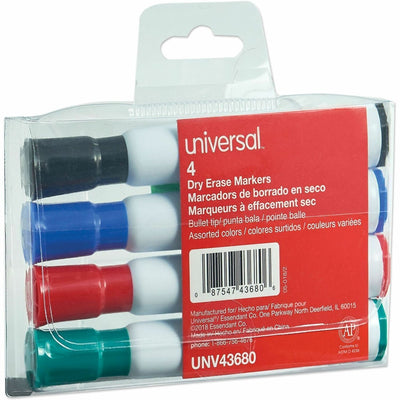 Universal Dry Erase Marker, Medium Bullet Tip, Assorted Colors, 4/Set, UNV43680