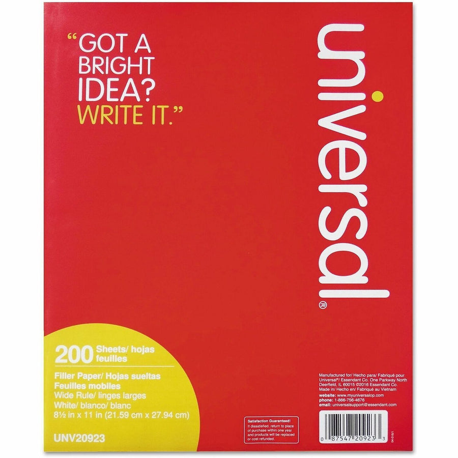 Universal Filler Paper, 3-Hole, 8.5 x 11, Wide/Legal Rule, 200 / Pack, 15 lb, UNV20923