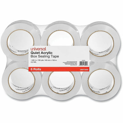 Universal Quiet Tape Box Sealing Tape, 3" Core, 1.88" x 109 yds, Clear, 6/Pack, UNV73000