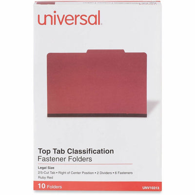 Universal 2/5 Tab Cut Legal Classification Folder, Ruby Red, 8 1/2" Width x 14" Length, 10 Box, UNV10313