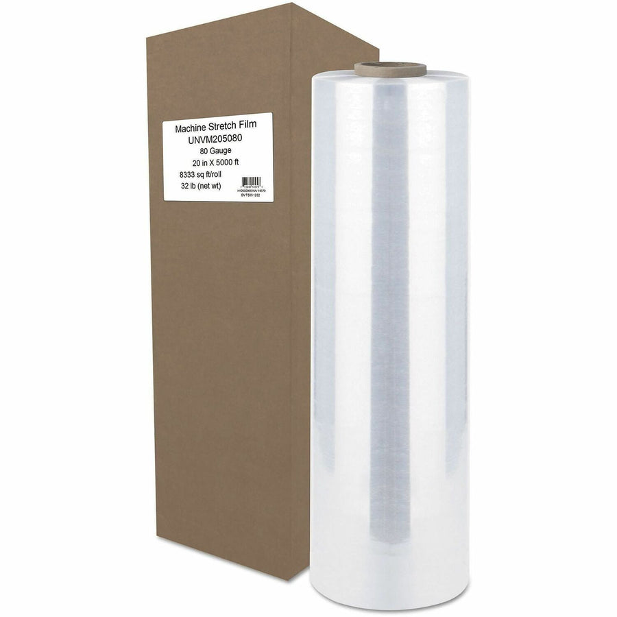 Universal Machine Stretch Film, 20" x 5, 000 ft, 20.3 mic, (80-Gauge), Clear, Damage Resistant, 1 Roll, UNVM205080
