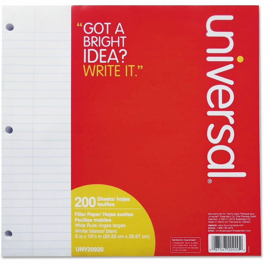 Universal Filler Paper, 3-Hole, 8 x 10.5, Wide/Legal Rule, 200 / Pack, 15 lb, UNV20920