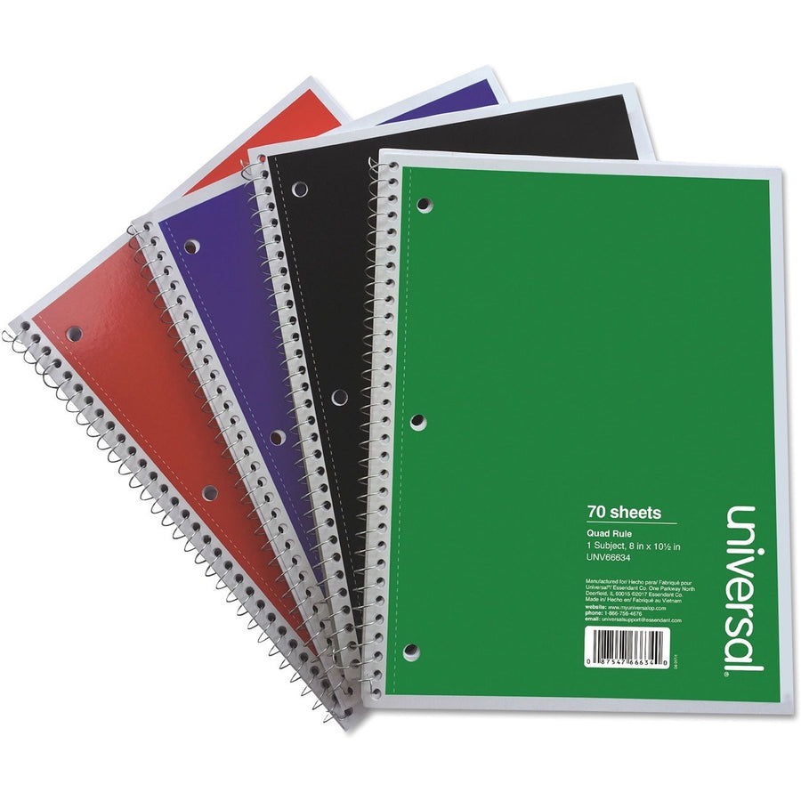 Universal Notebook, 8" x 10.50", Paperboard, Spiral, 15 lb, 70, 4 / Pack, UNV66634