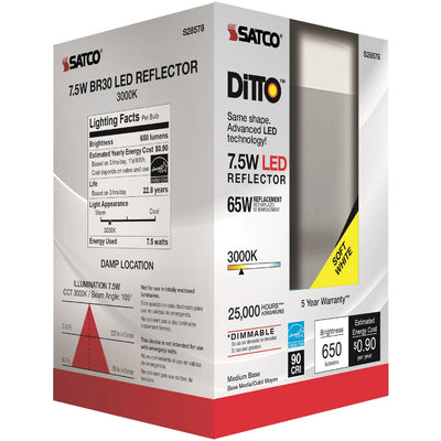 Satco 7.5W BR30 3000K LED Bulb, SDNS28578